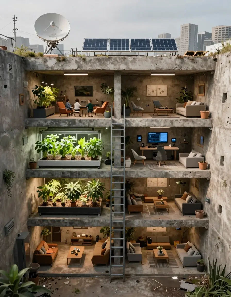 A detailed cross-section of an underground bunker, showcasing a family's living quarters, hydroponic farm, and control room, with a focus on sustainability and resilience.