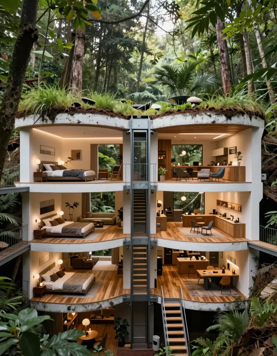 A cutaway view of an underground, multi-level home nestled in a forest, featuring modern interiors and industrial architecture.