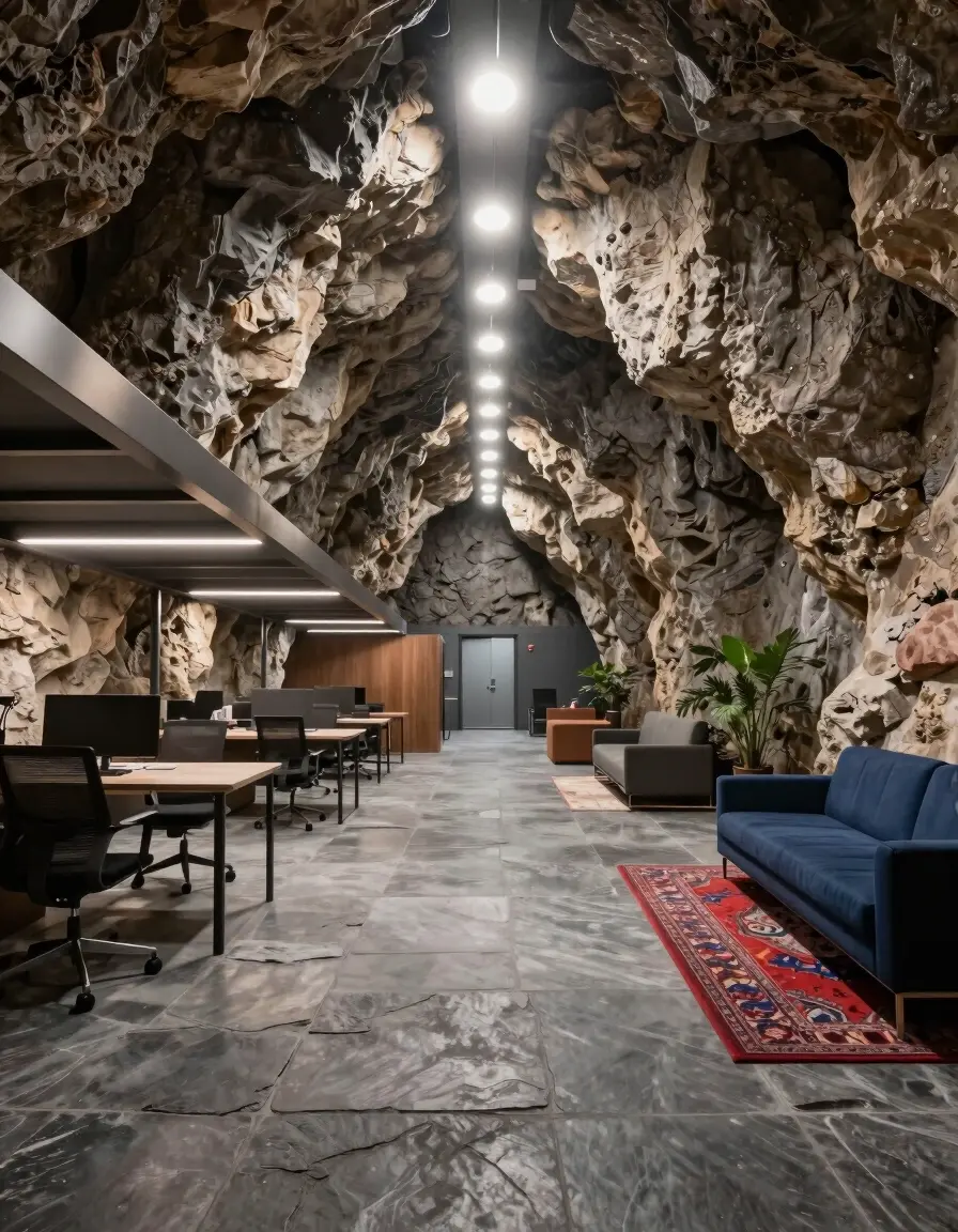 A spacious underground office with a cave-like ceiling, modern desks, and a blue couch.