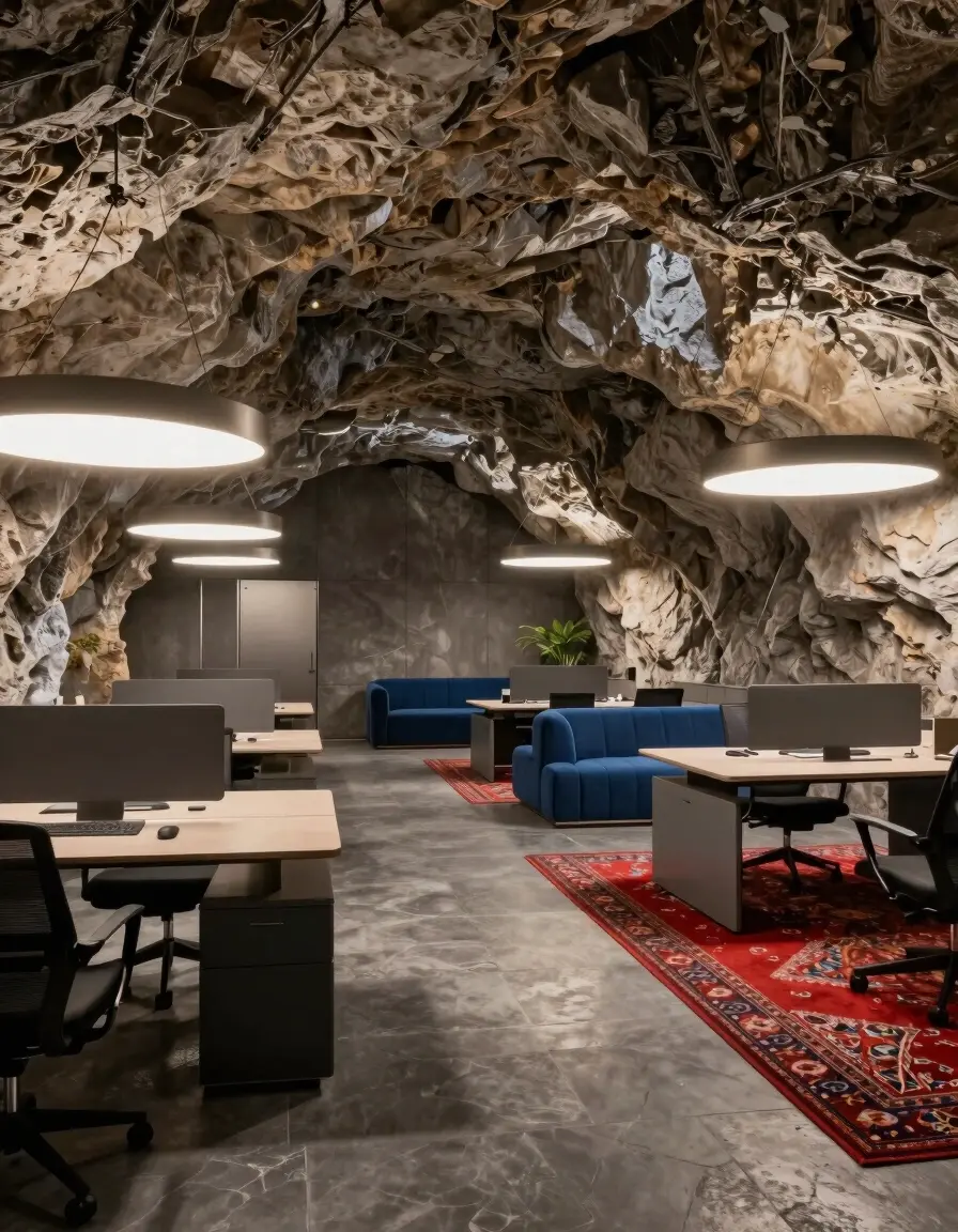 A modern underground office with a rocky ceiling, gray floor, and a mix of workstations and a blue sofa, accented by a red rug.