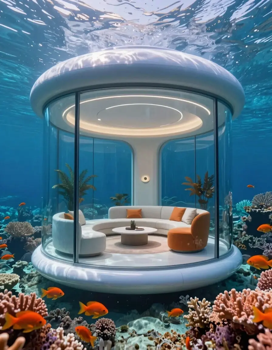 Futuristic underwater home with glass walls surrounded by coral and fish