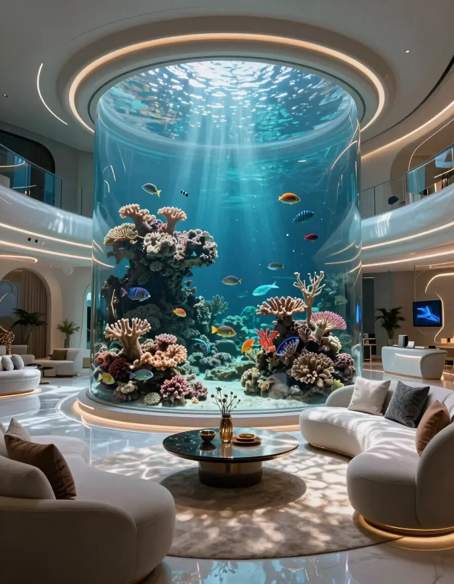 Futuristic underwater home with glass enclosure and modern interior.
