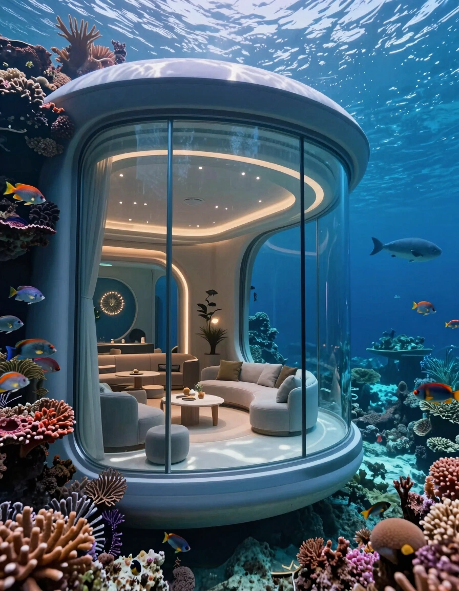 Futuristic underwater home with glass walls surrounded by coral and fish