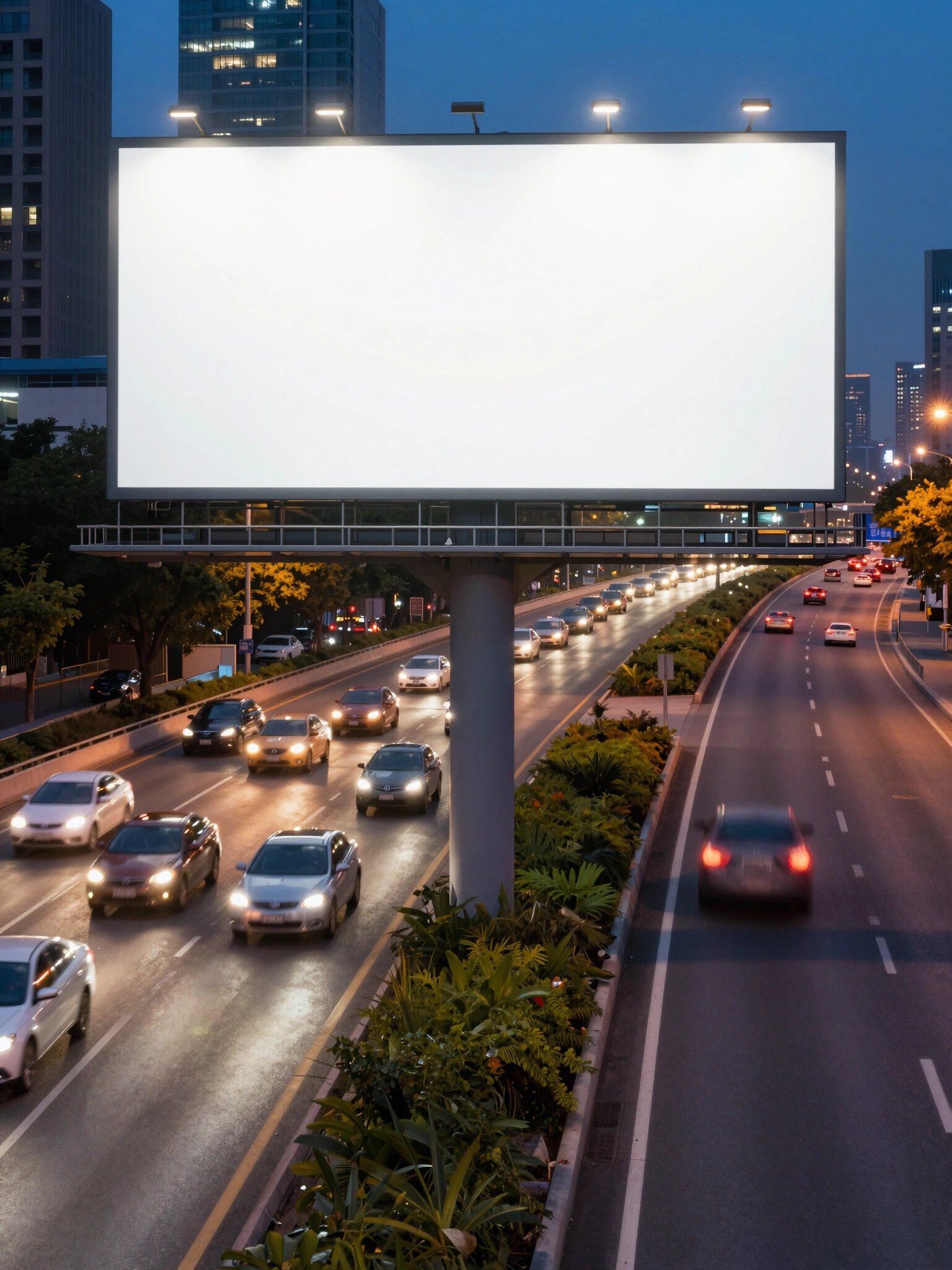 Blank billboard on highway overpass at dusk with city lights