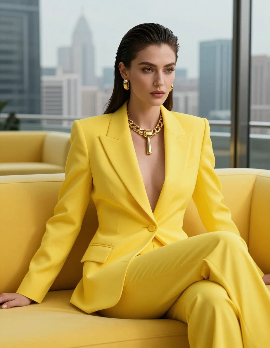 A woman in a yellow suit sits on a matching couch, accessorized with gold jewelry, against a city skyline.