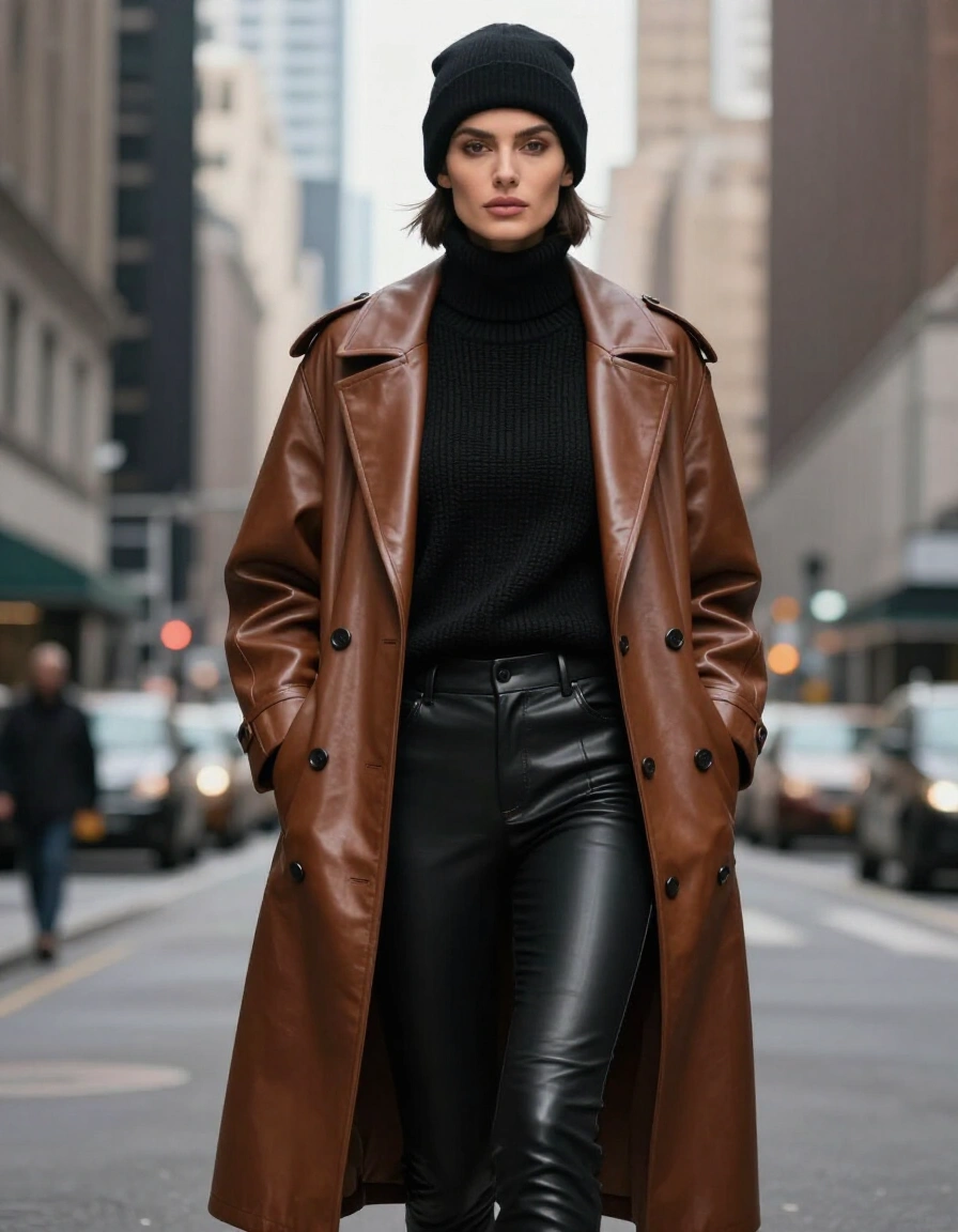Woman in brown leather coat and black outfit standing on city street