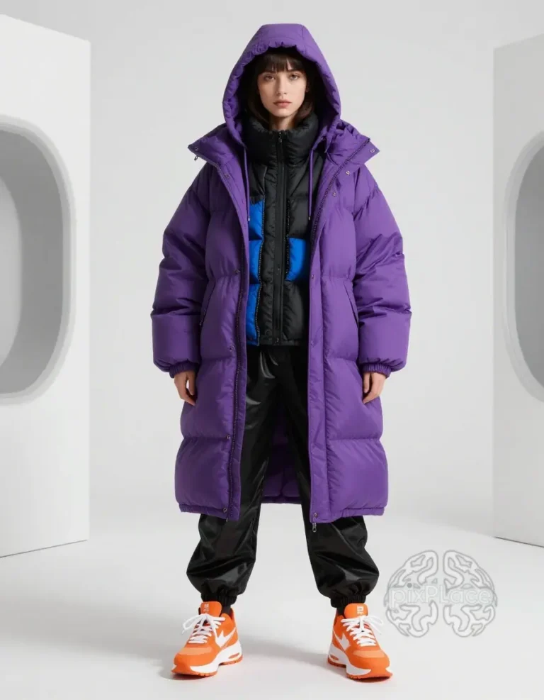 Woman in purple coat and orange sneakers posing against a white background.