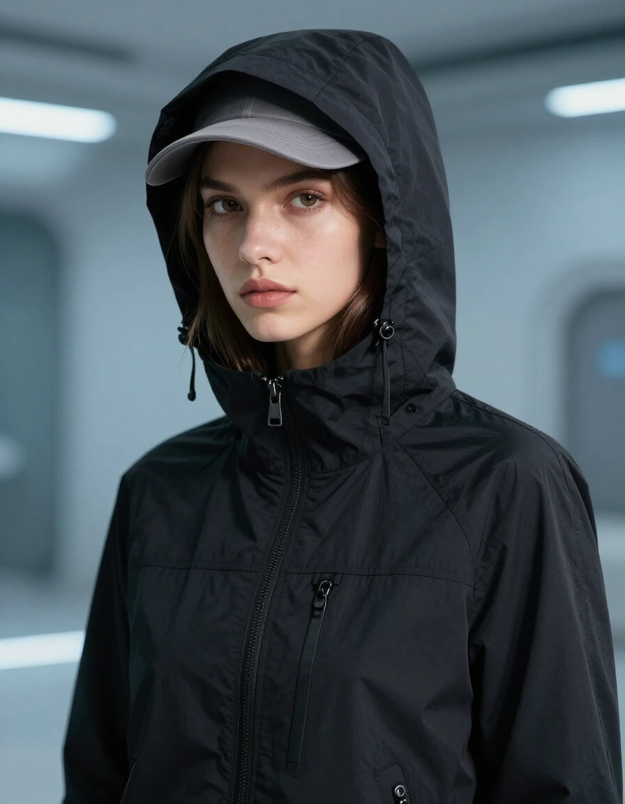 Young woman in black hooded jacket and gray cap with serious expression