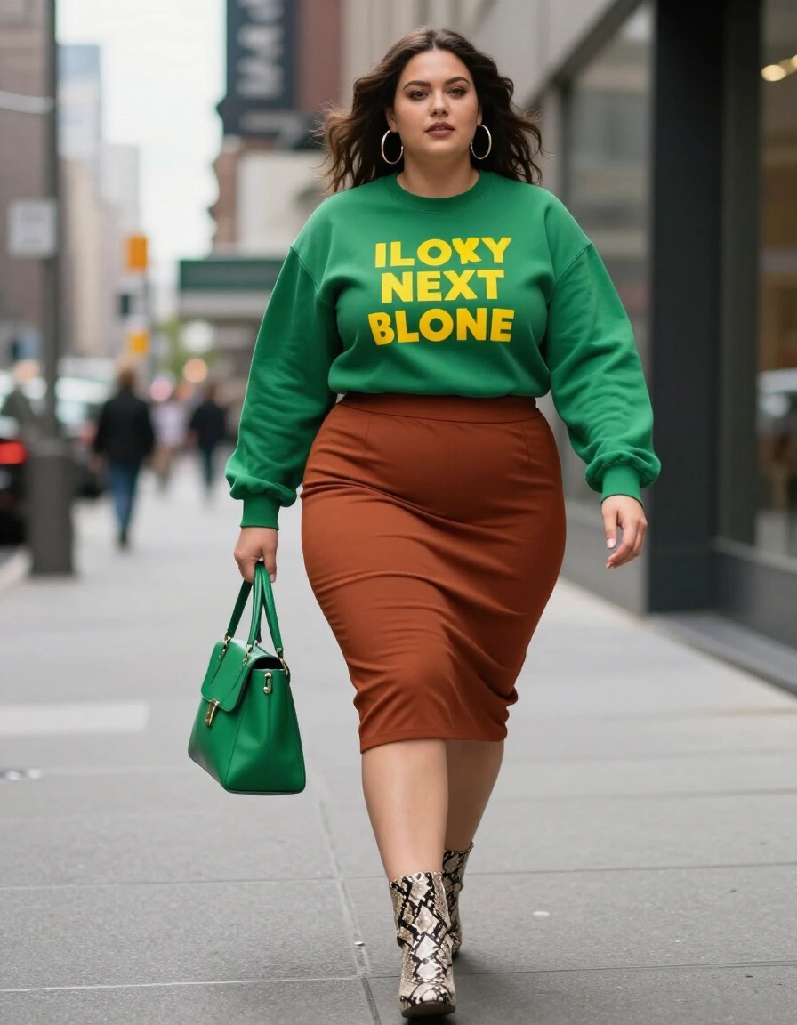 Plus-size woman in green sweatshirt and rust-colored skirt walking on city sidewalk