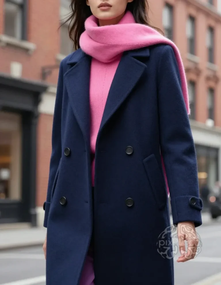 Woman in navy blue coat and bright pink scarf walking down a city street.