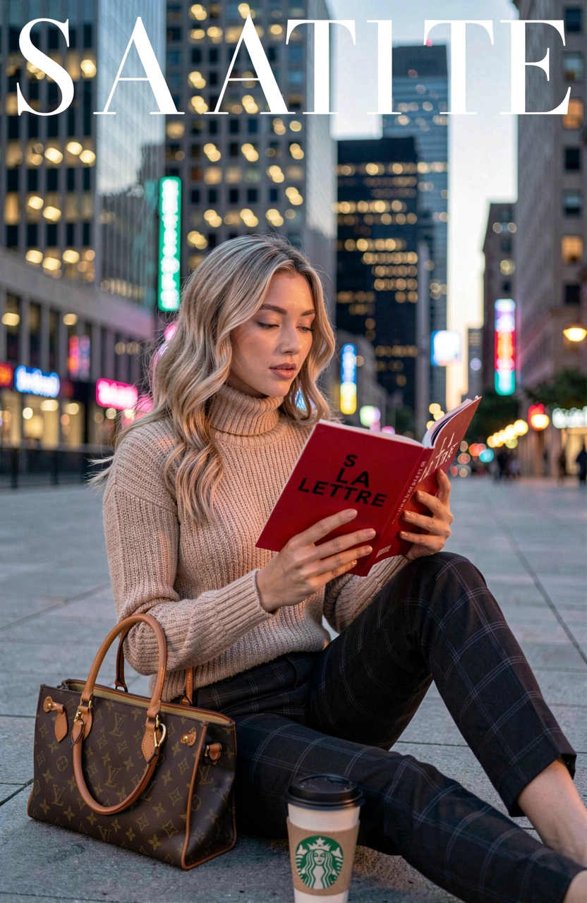 Young woman in beige turtleneck and black plaid trousers reading a magazine in a city at dusk with Louis Vuitton handbag and Starbucks coffee nearby.