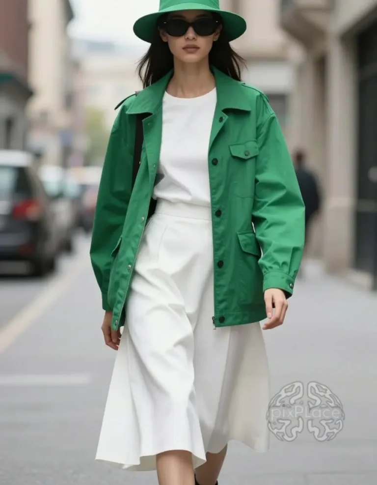 A woman wearing a green jacket and white dress walks down a city street, exuding confidence and poise in a stylish and modern outfit.