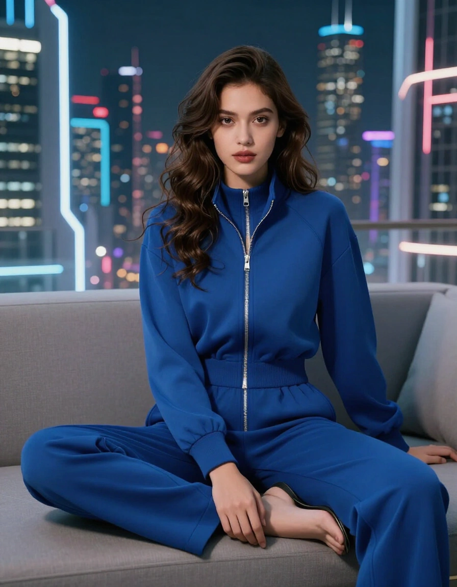 Woman in blue tracksuit sitting on couch with cityscape at night