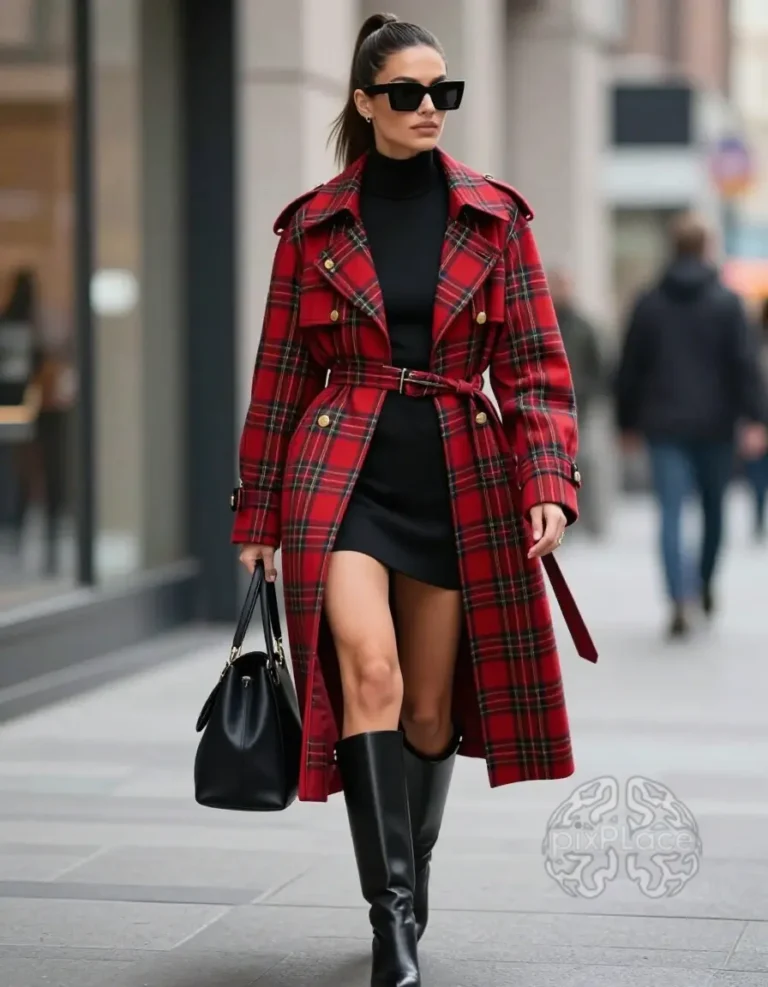 Woman wearing red plaid coat over black dress and boots, walking down city street with black handbag.