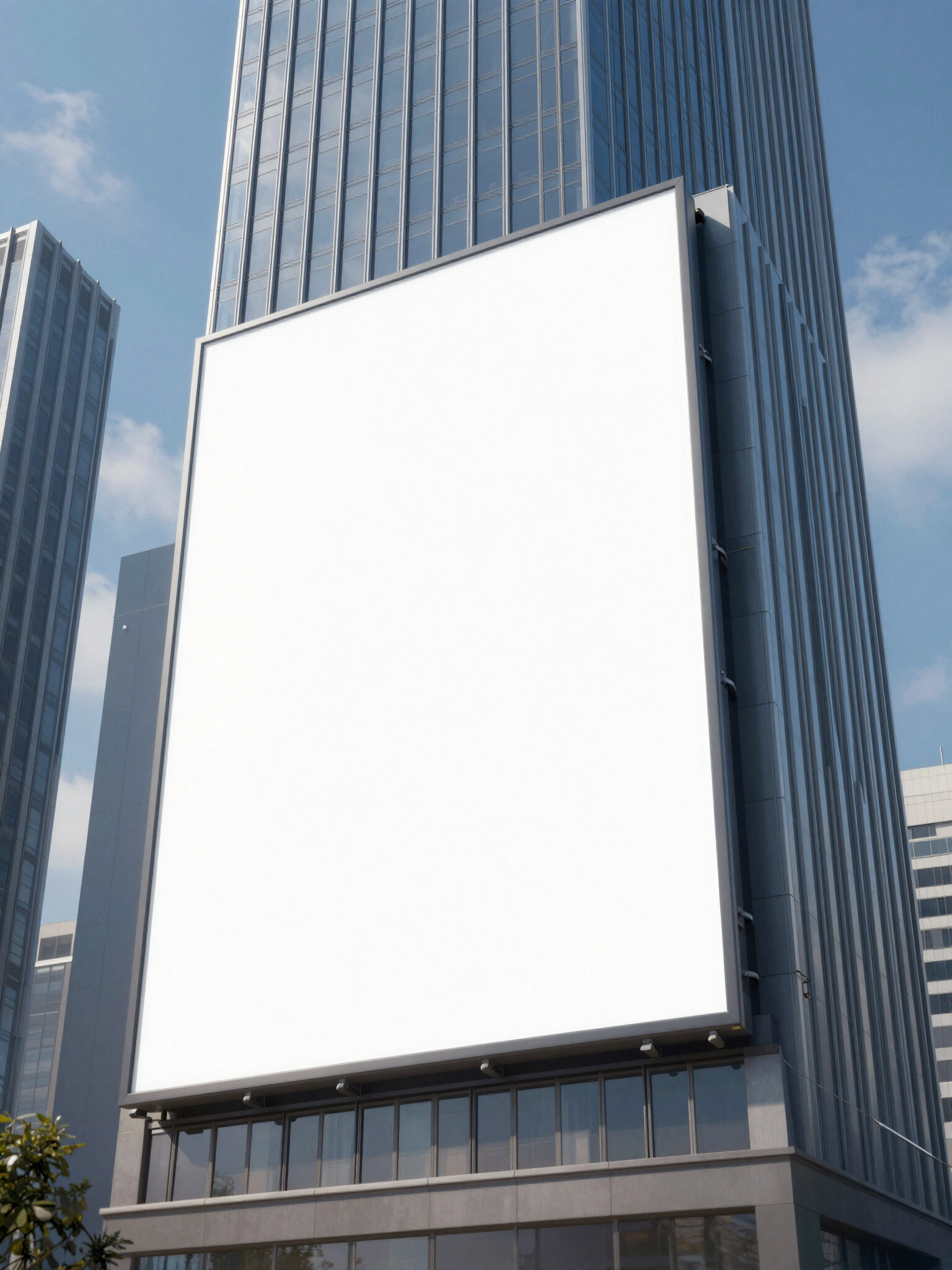 Blank billboard on a glass and steel skyscraper with a blue sky and secondary building in the background.