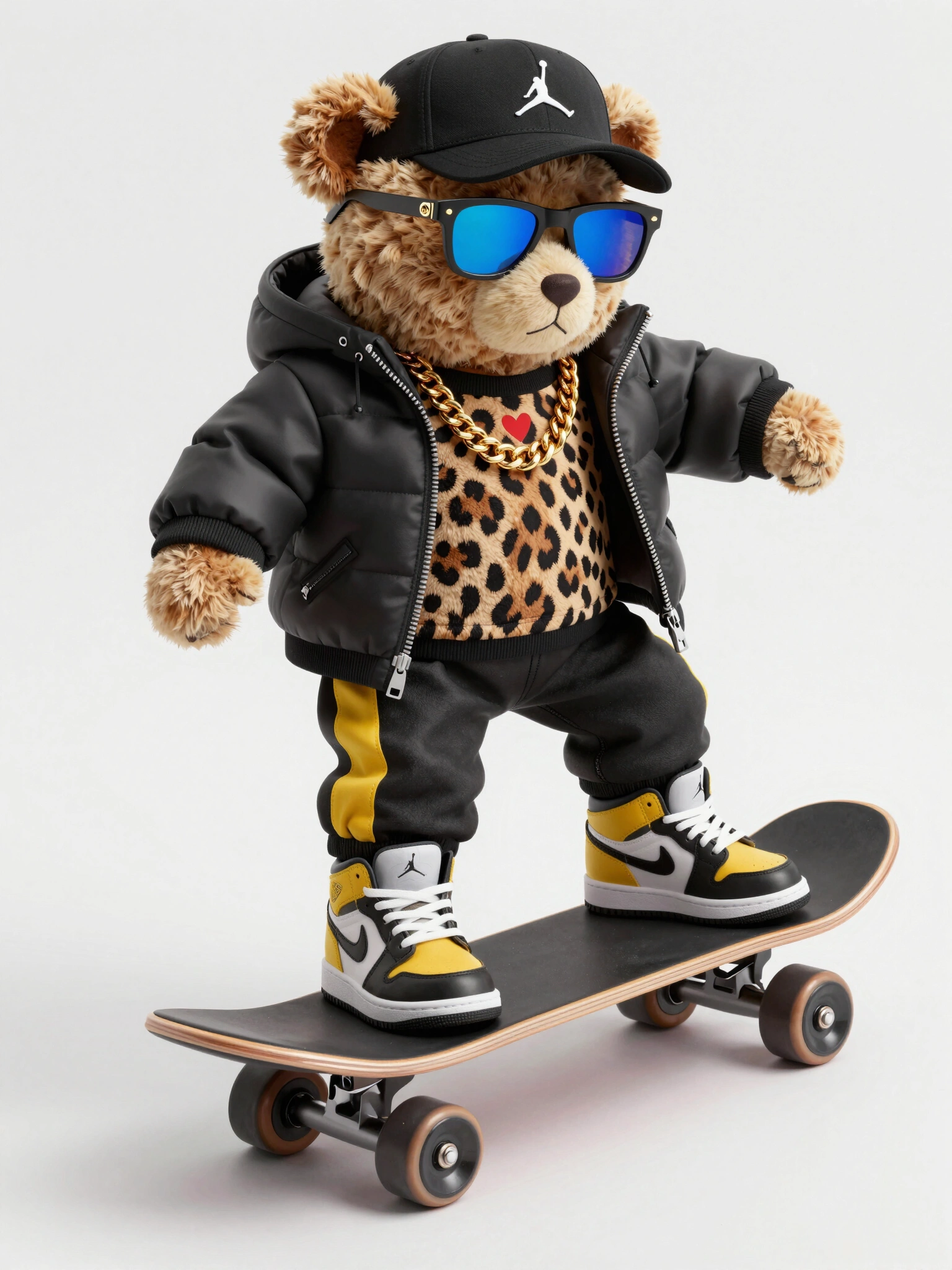 Teddy bear wearing black puffer jacket and Air Jordan sneakers riding a skateboard