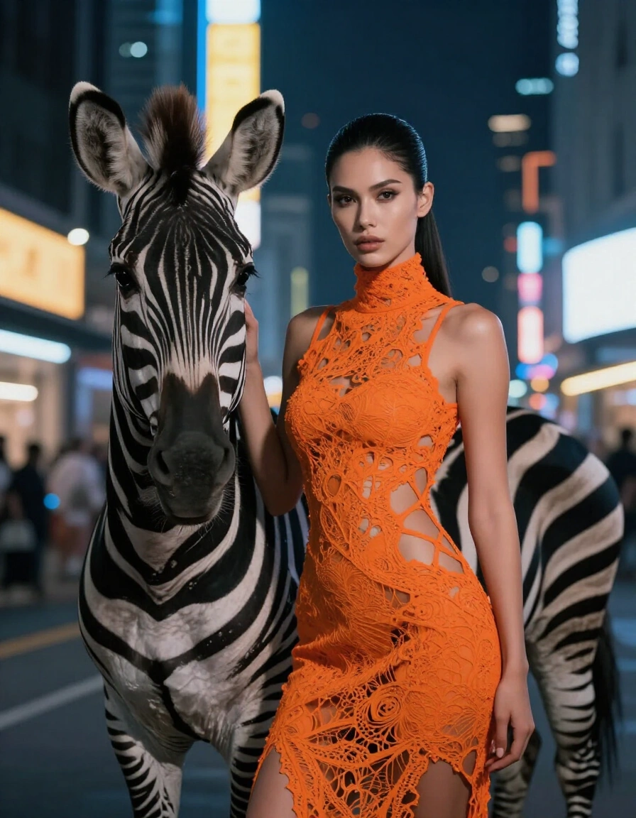 Woman in orange dress with zebra in city at night