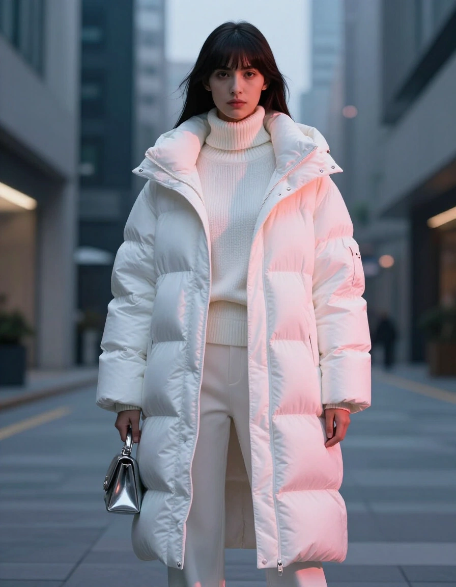 Woman in white puffer coat and matching outfit standing in urban setting