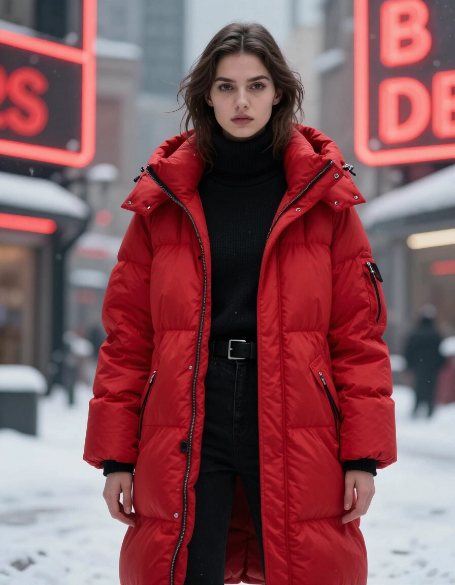 Young woman in red puffer coat standing in front of neon signs in a winter setting.