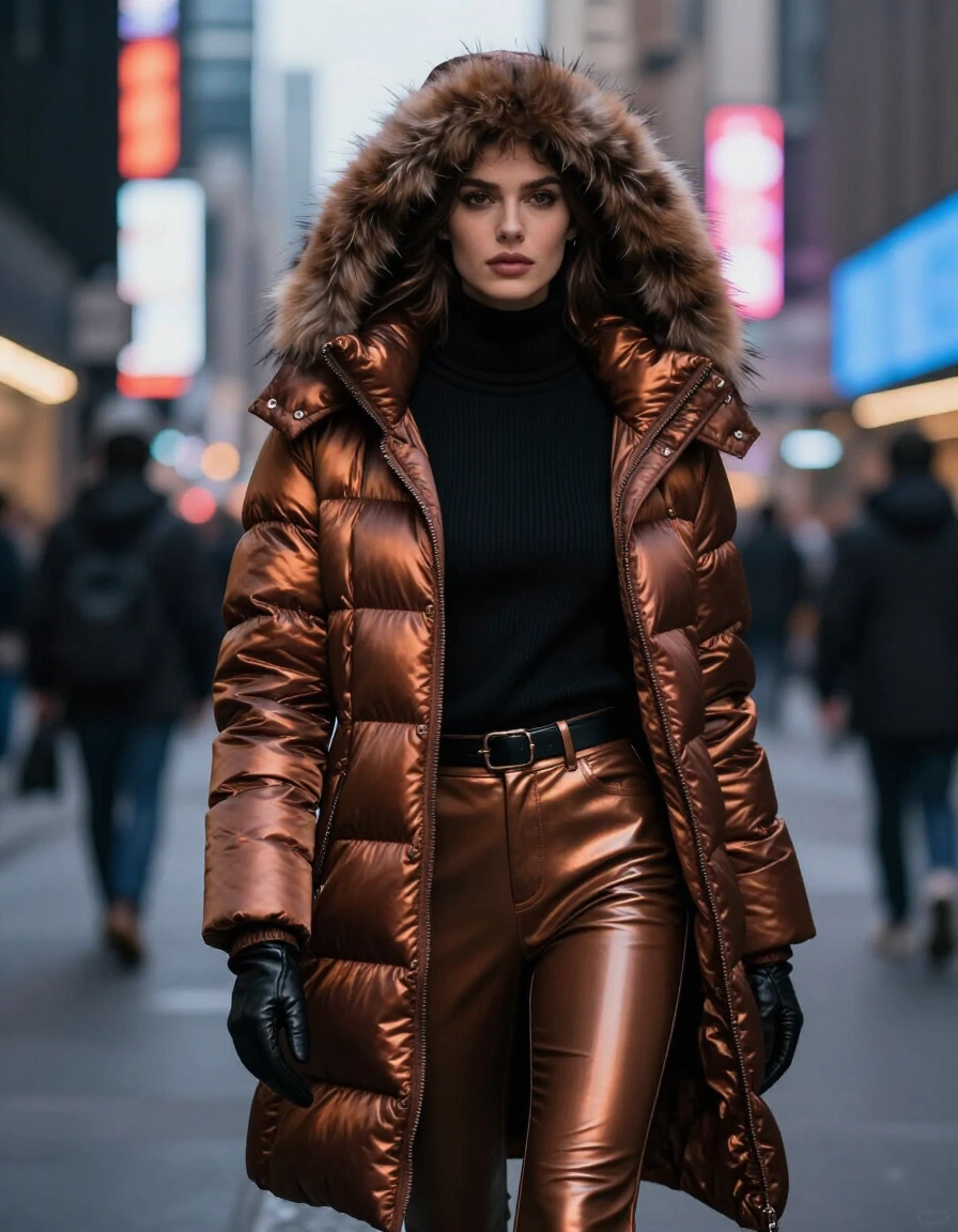 Woman in bronze puffer coat and metallic bronze leather pants standing confidently on a city street.