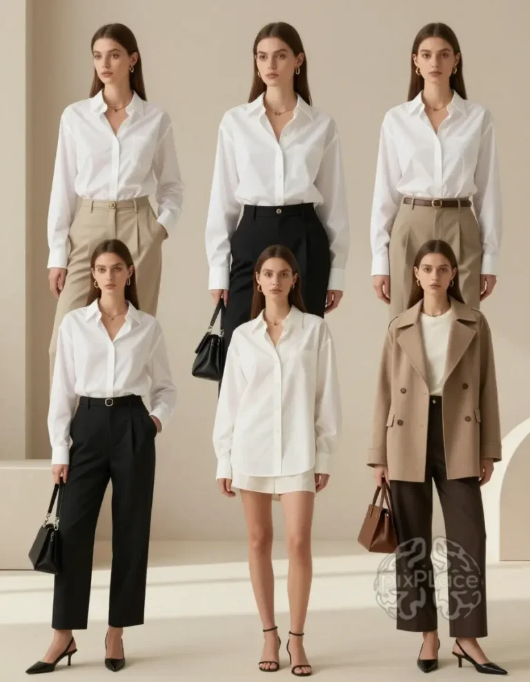 Five different outfits featuring a white shirt styled for various occasions with different bottoms, shoes, and accessories.