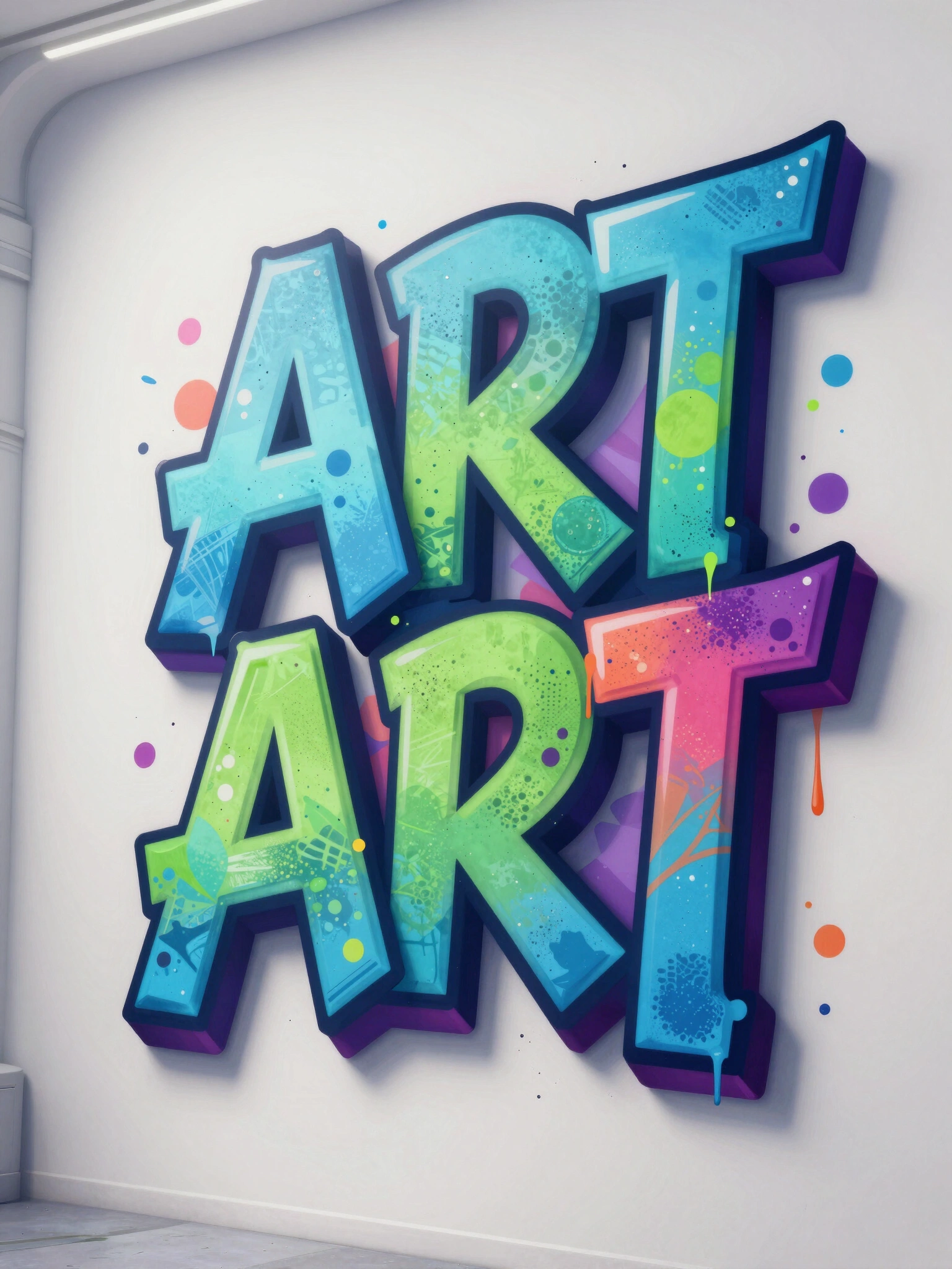 Graffiti-style 3D ART typography with colorful paint splatters and textures