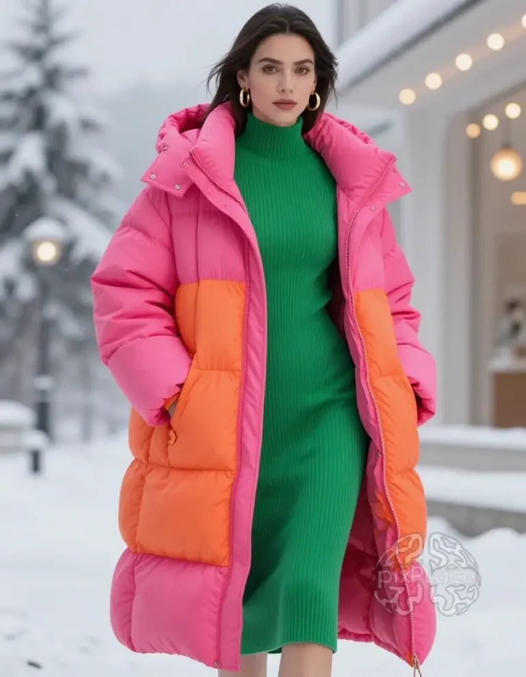 Woman wearing bright pink and orange puffer coat over green dress, standing in snowy scene with string lights.