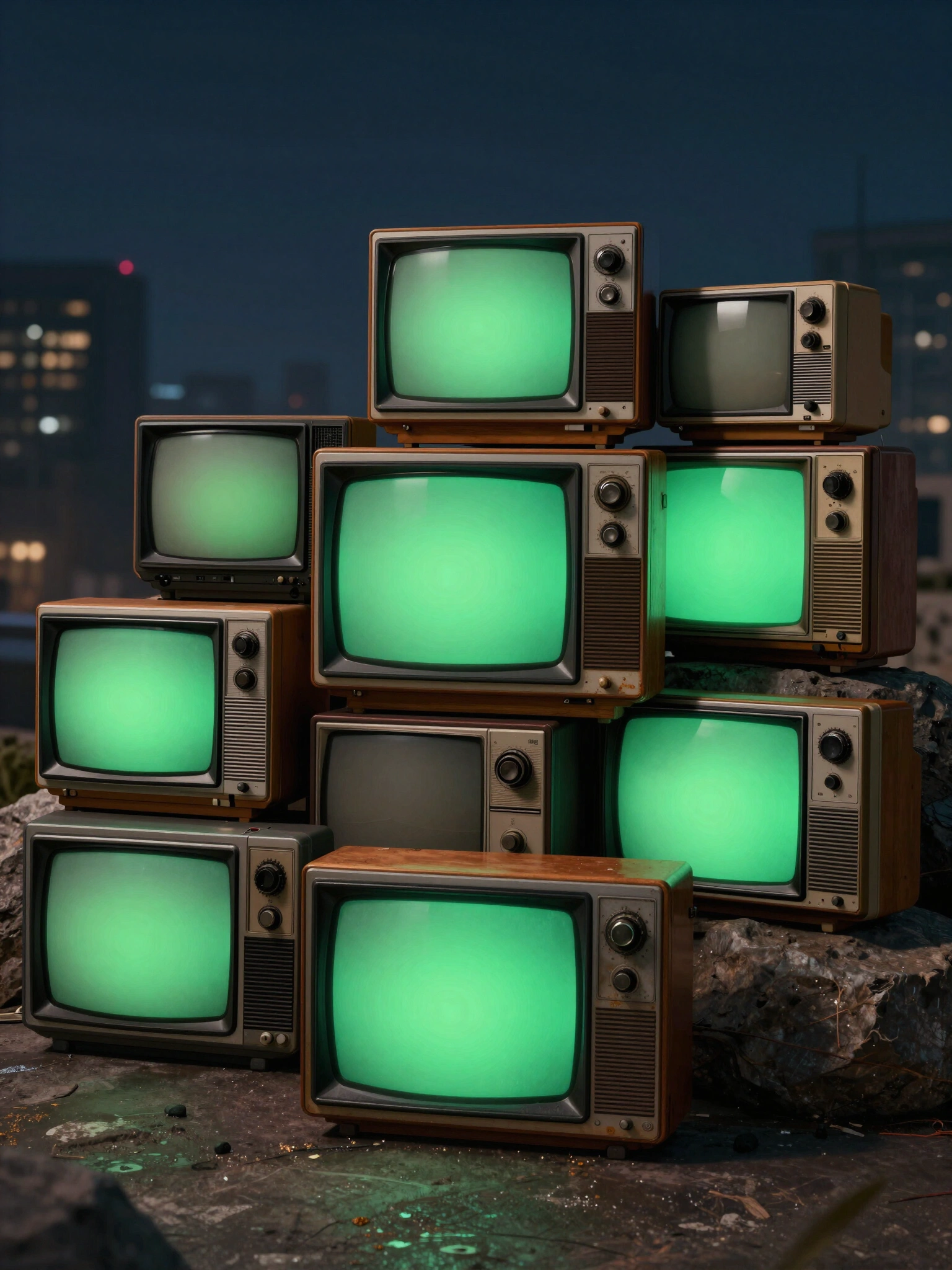 Stack of old CRT TVs with green screens on rocks at night
