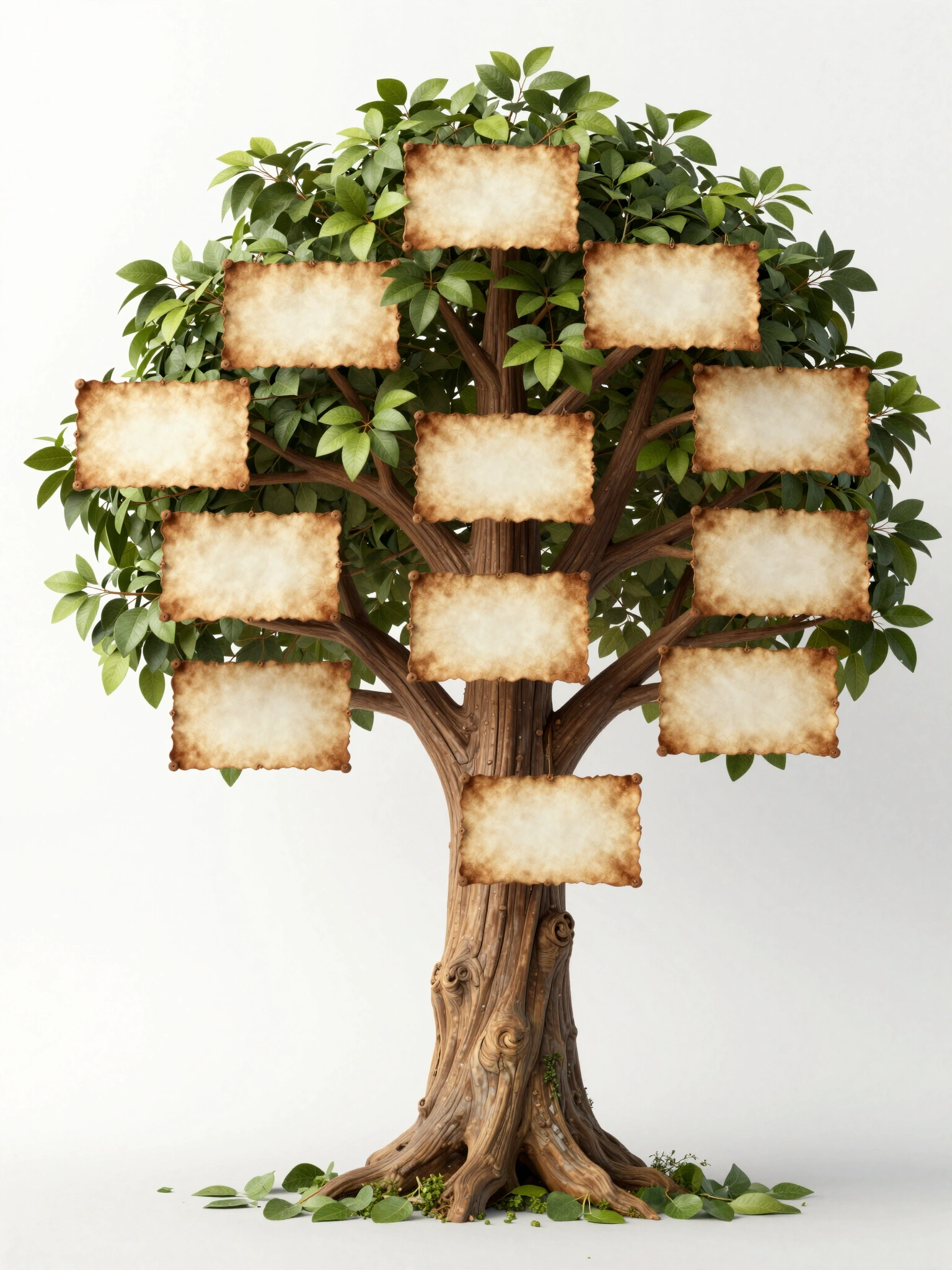 A beautifully illustrated family tree with 13 blank labels on branches, in shades of brown and beige, with a sturdy trunk and leaves.