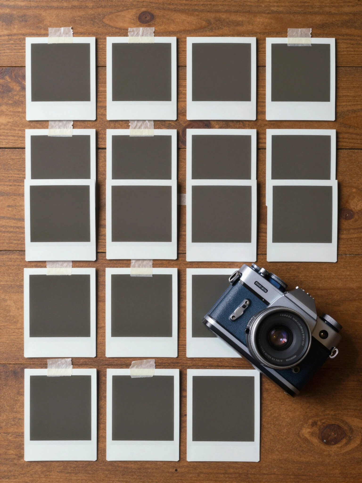 Blank Polaroid photographs on wooden surface with vintage camera