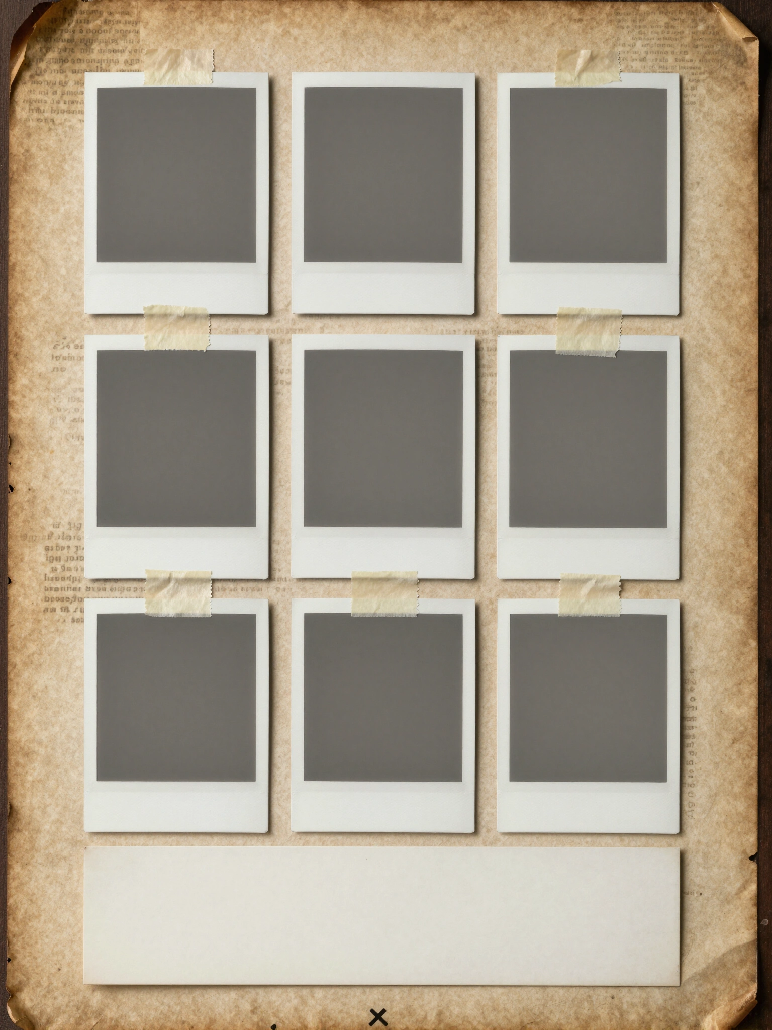 Vintage-style grid of 12 blank Polaroid photographs on a distressed paper background with a warm, sepia-toned color palette and a blank rectangle at the bottom.