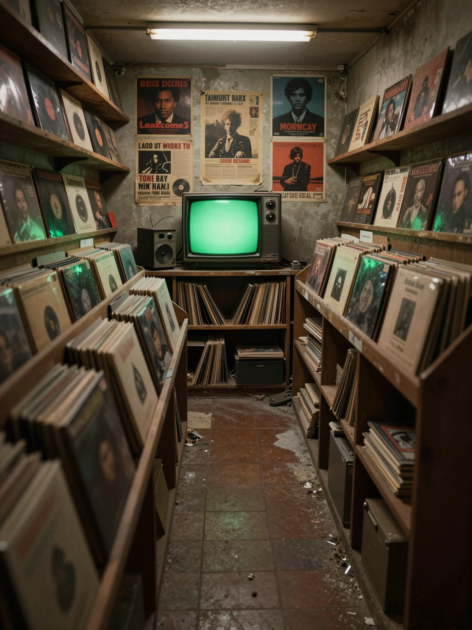 vintage record store with wooden shelves, retro TV, and posters on the wall