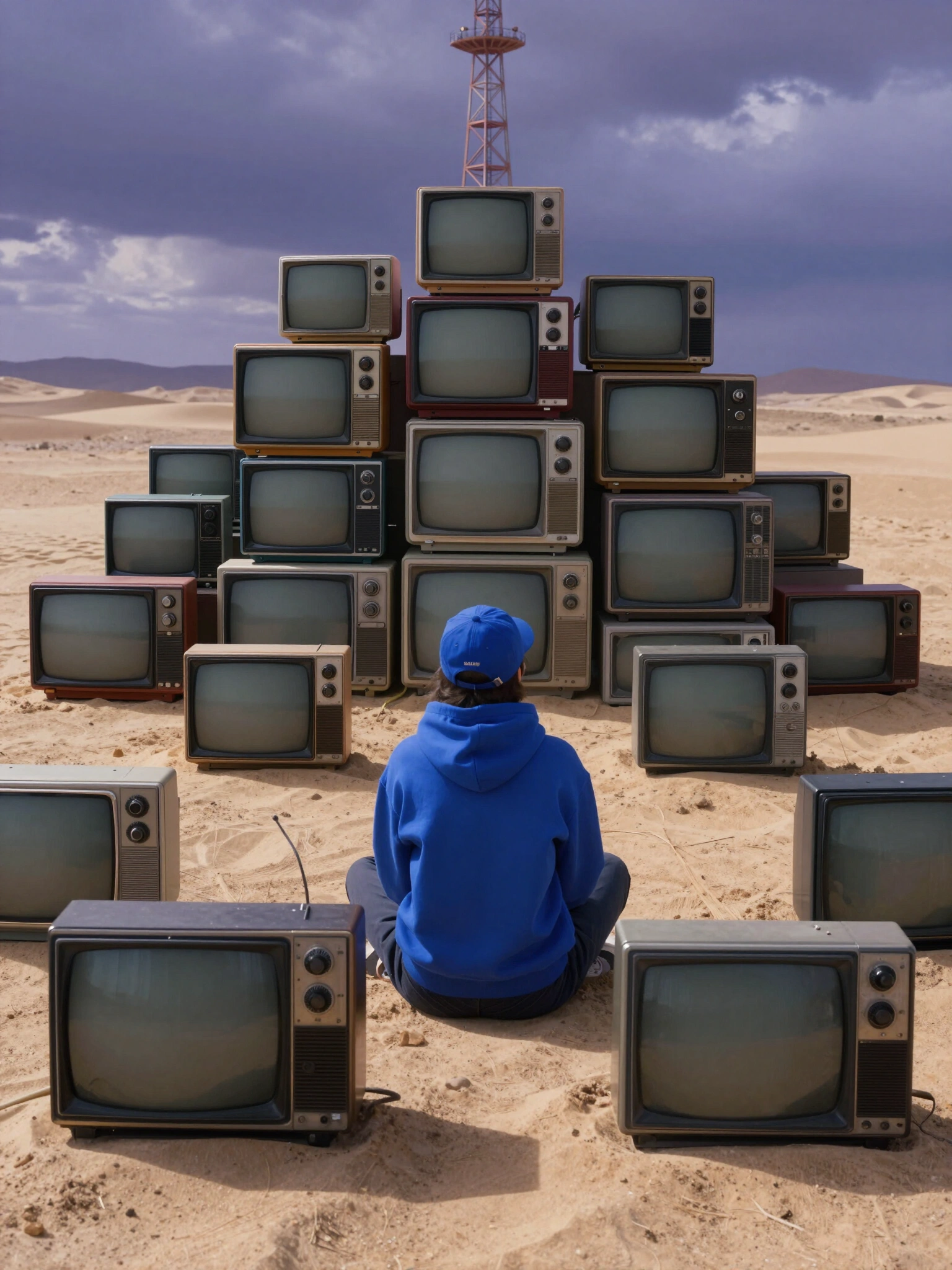 A person in a blue hoodie sits in the sand, facing a large pile of old TVs under a cloudy sky.