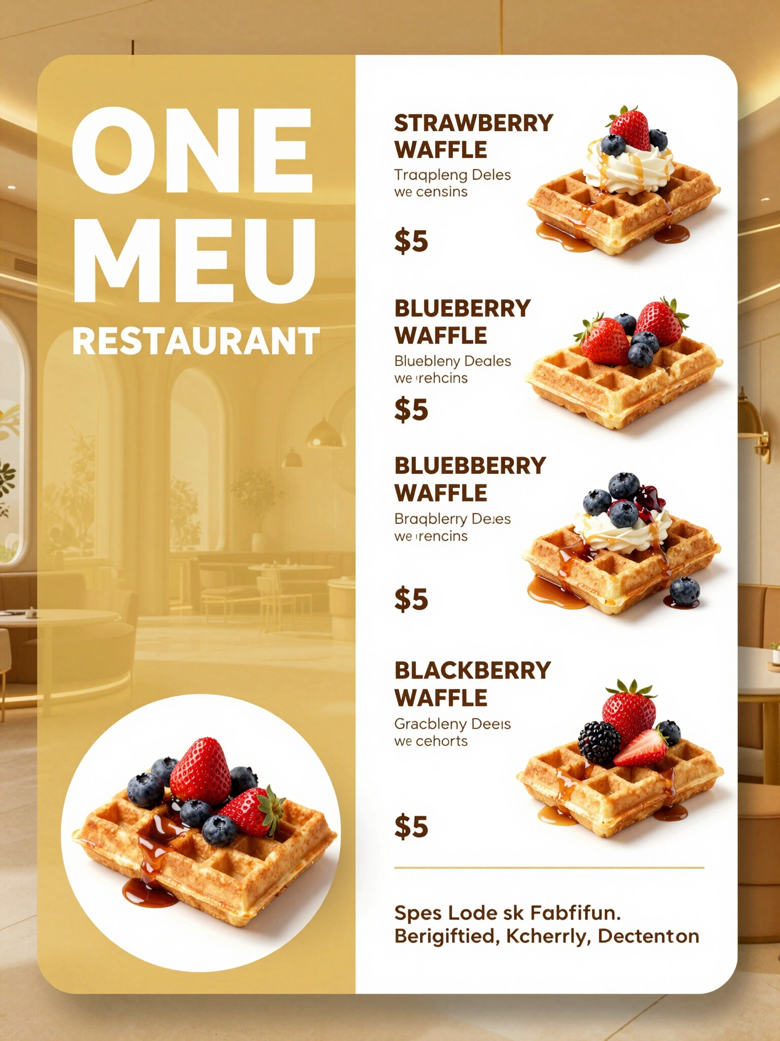 Waffle dessert menu with strawberry, blueberry, and blackberry options, priced at $5 each, featuring fresh fruits and syrup.
