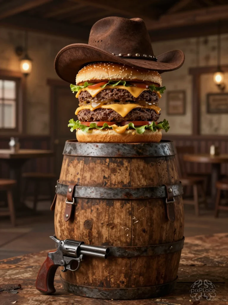 A majestic triple-decker cheeseburger wearing a cowboy hat, resting on a wooden barrel with leather straps and an old revolver, set in a vintage western saloon.