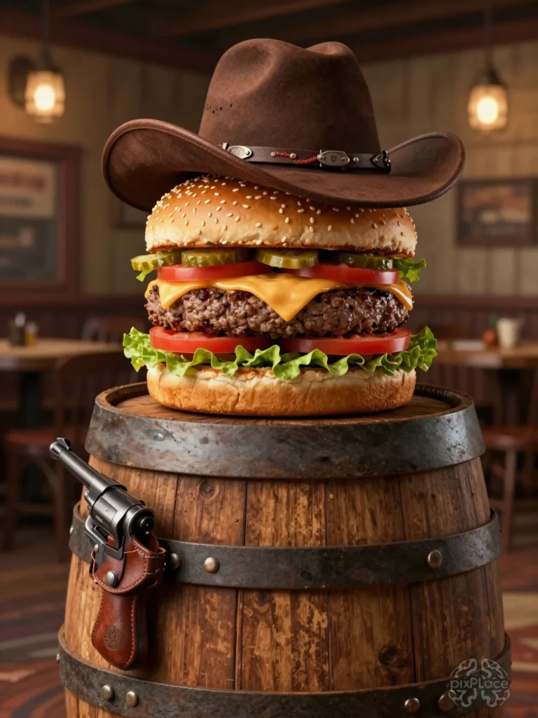 A double cheeseburger wearing a cowboy hat sits on a wooden barrel next to a revolver, in a western saloon setting.