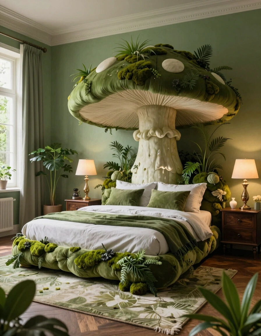 A bedroom with a giant mushroom-shaped bed, green walls, and lush plants around it, creating a peaceful retreat.
