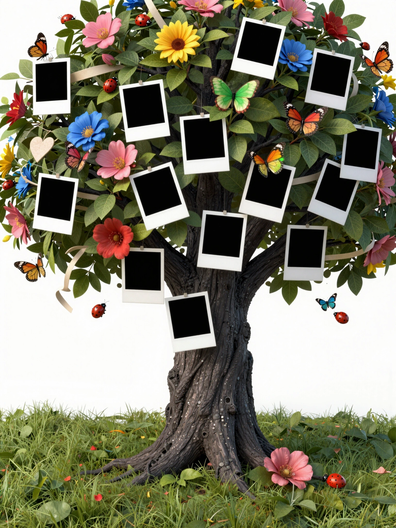 A black tree with colorful flowers and Polaroid photographs on its branches, surrounded by butterflies and ladybugs