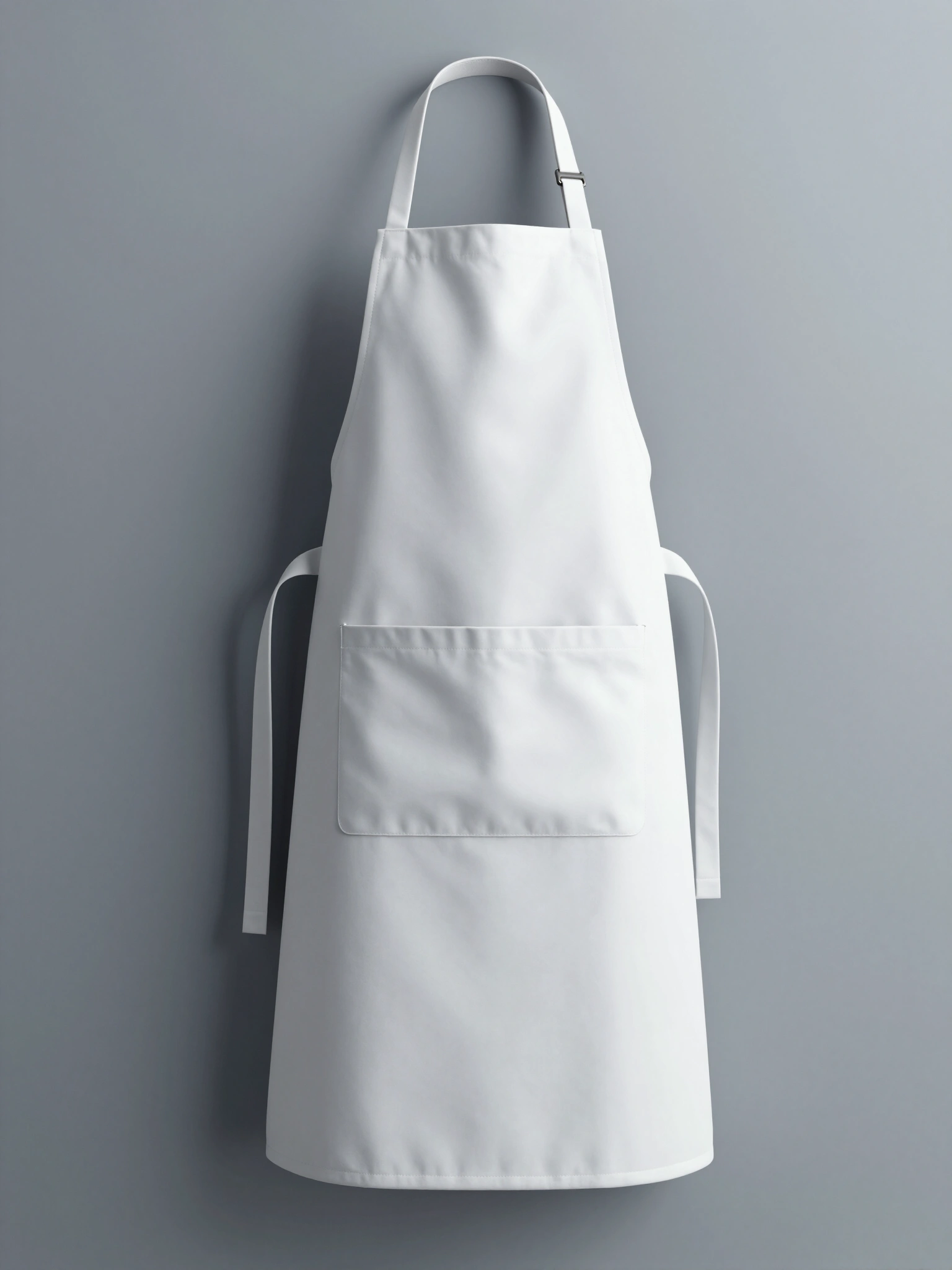 White apron with pocket and adjustable straps on gray-blue background