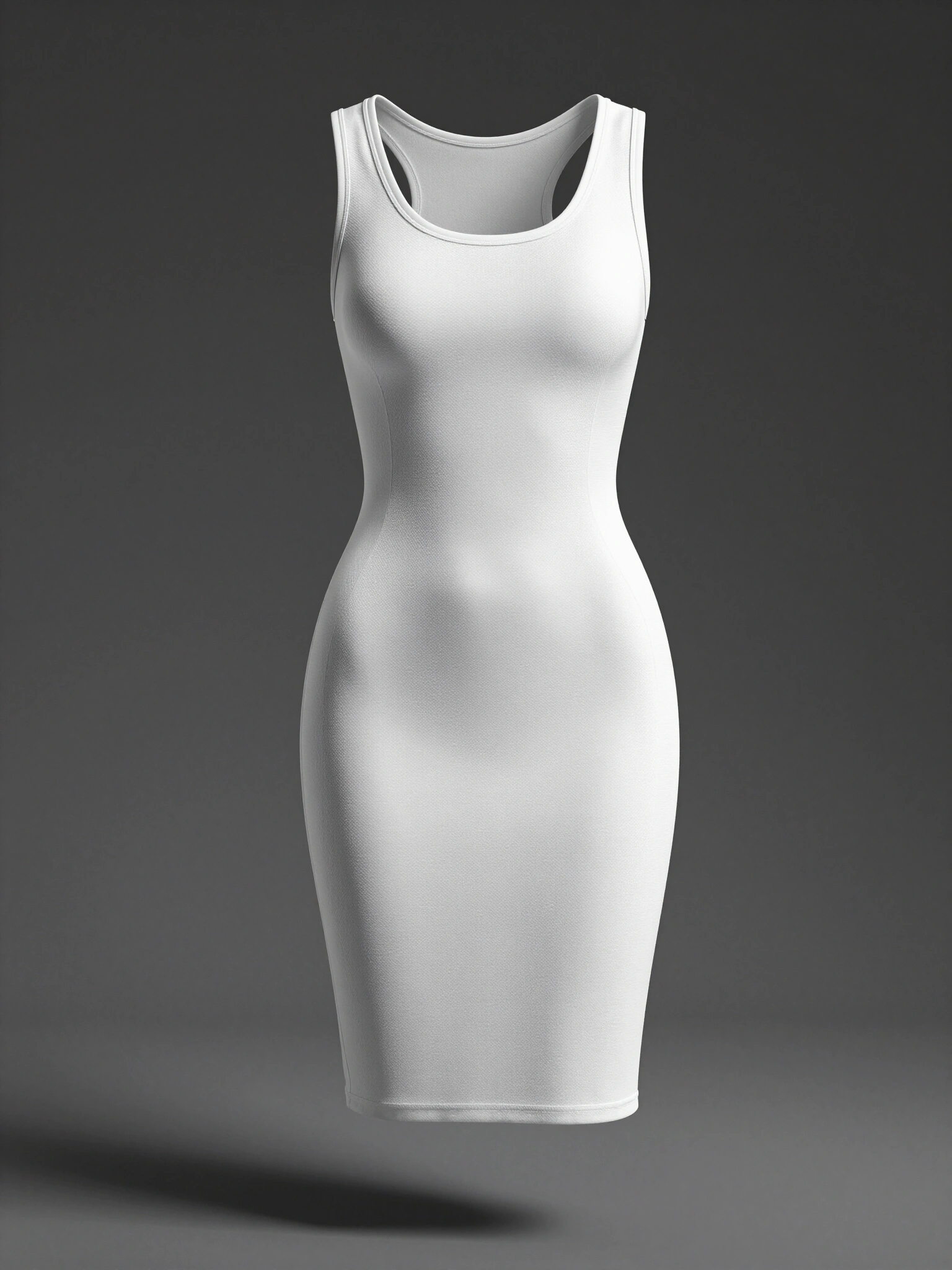 White body-hugging mini dress with cut-out back neckline detail on a dark grey gradient background