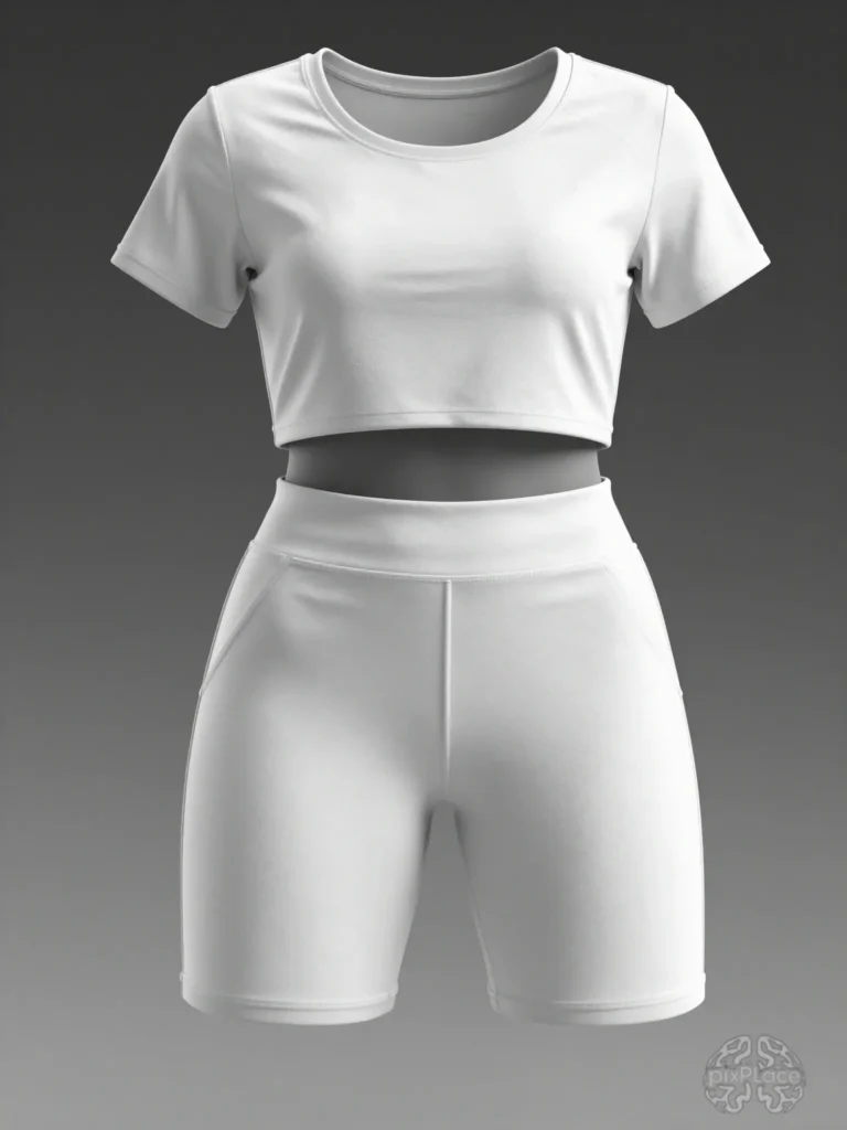 White athletic crop top and shorts mockup on a gray gradient background with soft natural lighting.