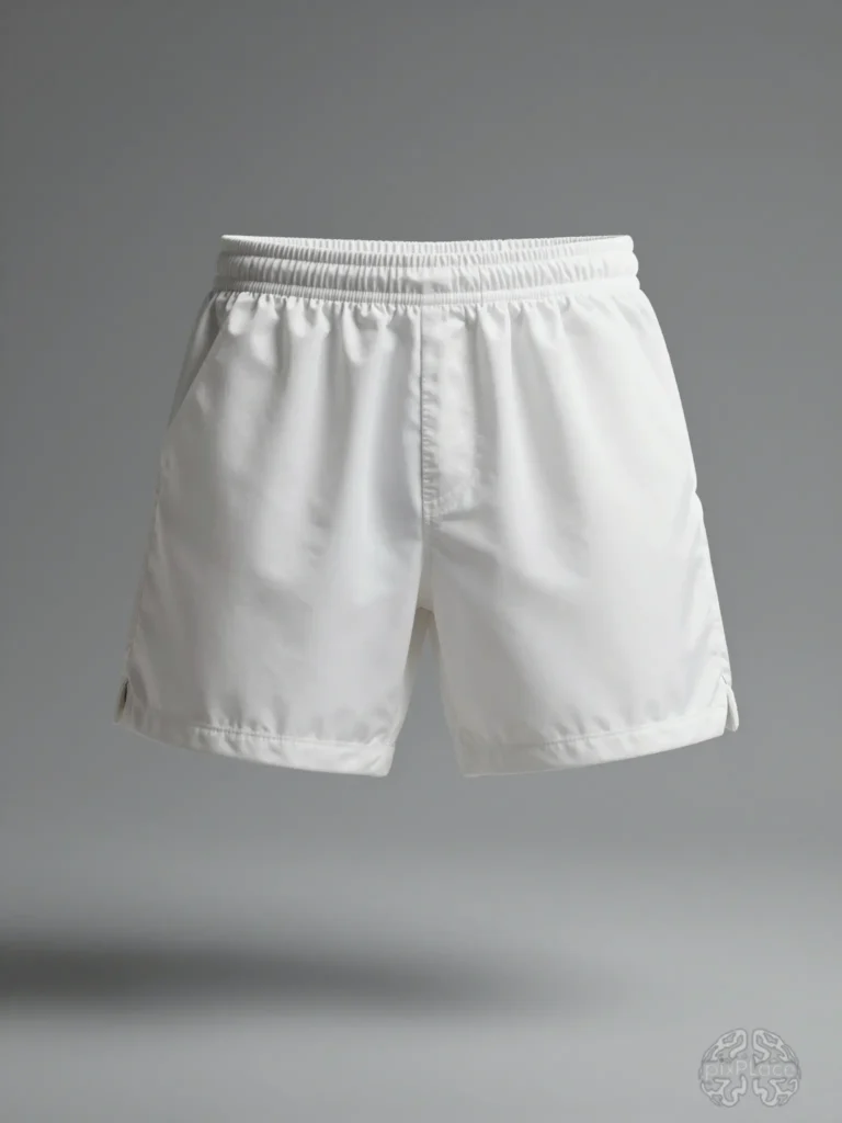 White athletic shorts with elastic waistband, displayed on a gray gradient background