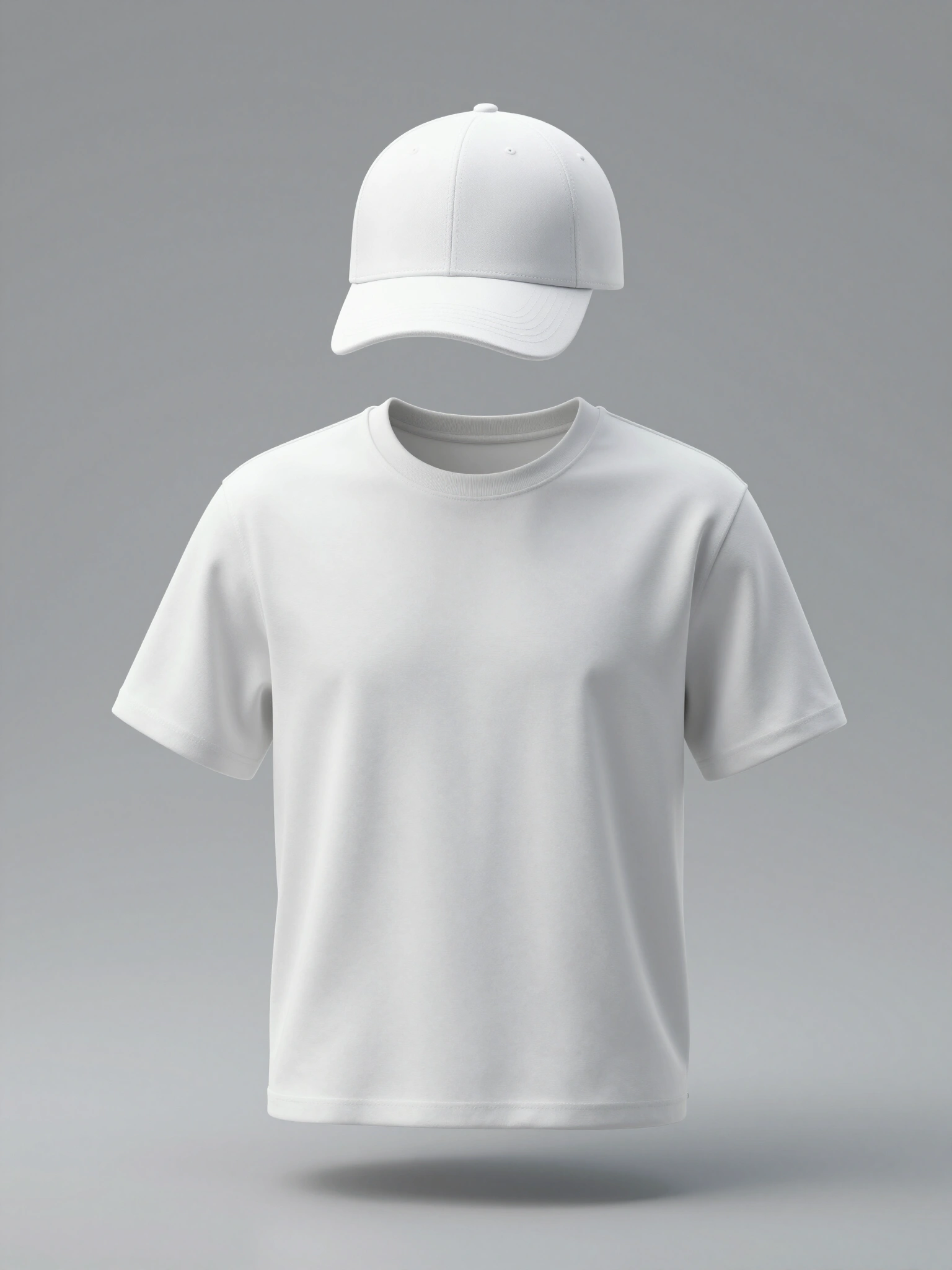 A white baseball cap floats above a white t-shirt on a gray background, creating a simple and elegant product display.