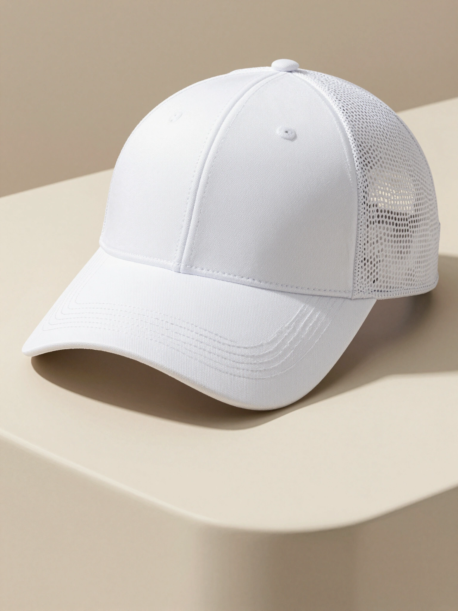 White baseball cap with mesh back on cream surface
