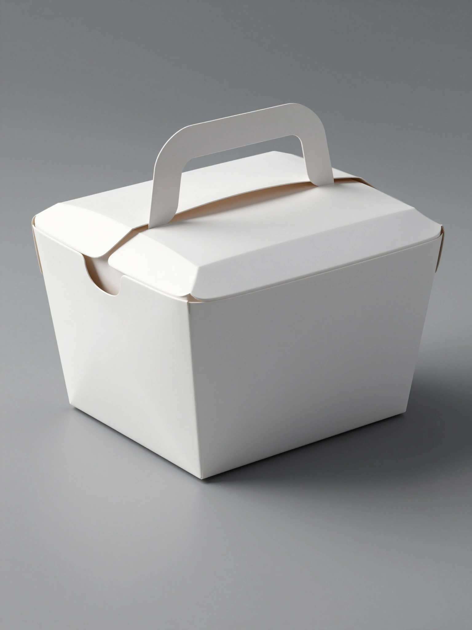 White carry-out food box with handle on top and circular handles on sides, on gray background.