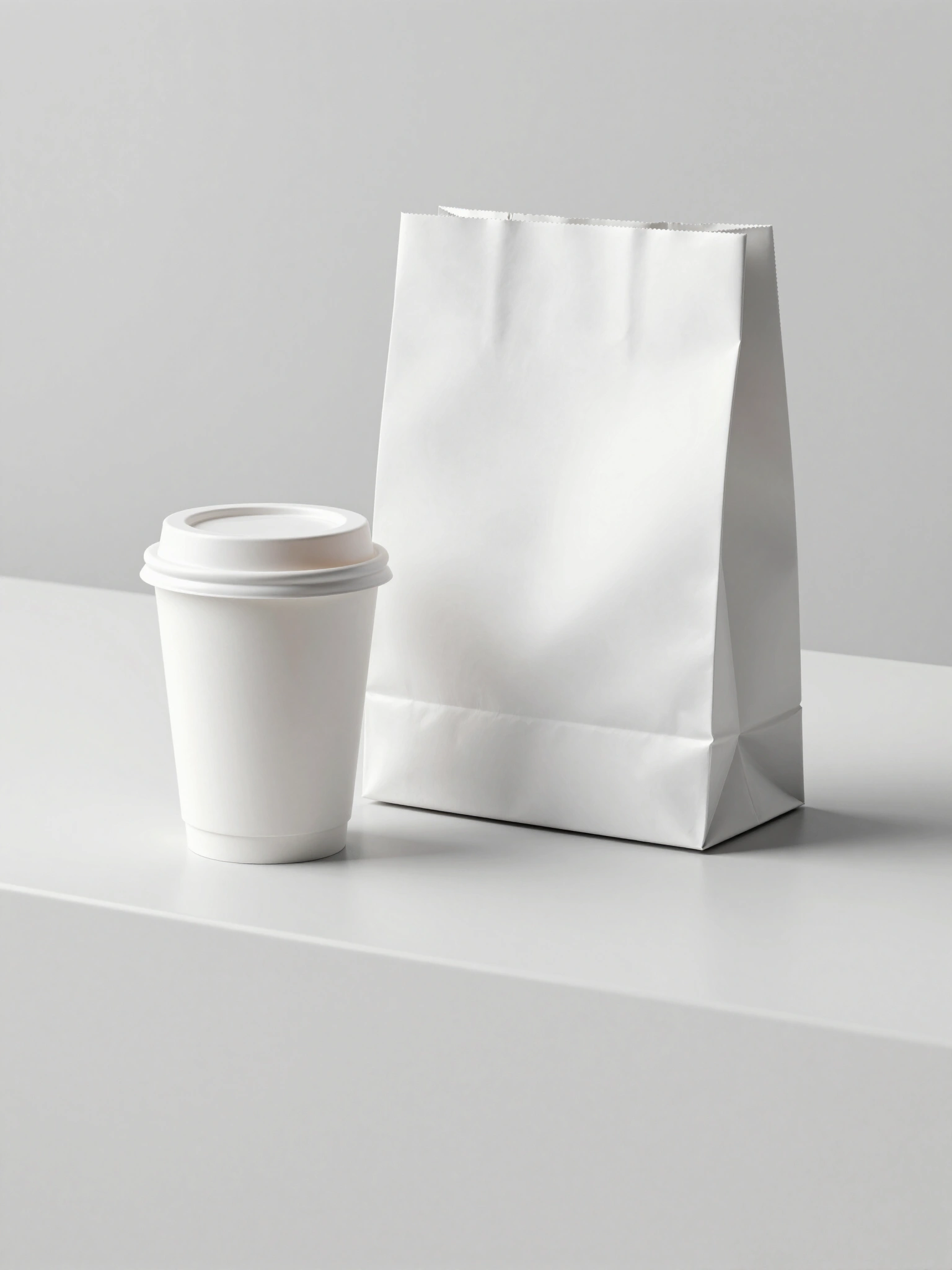 White paper coffee cup with lid next to a white paper bag on a white surface