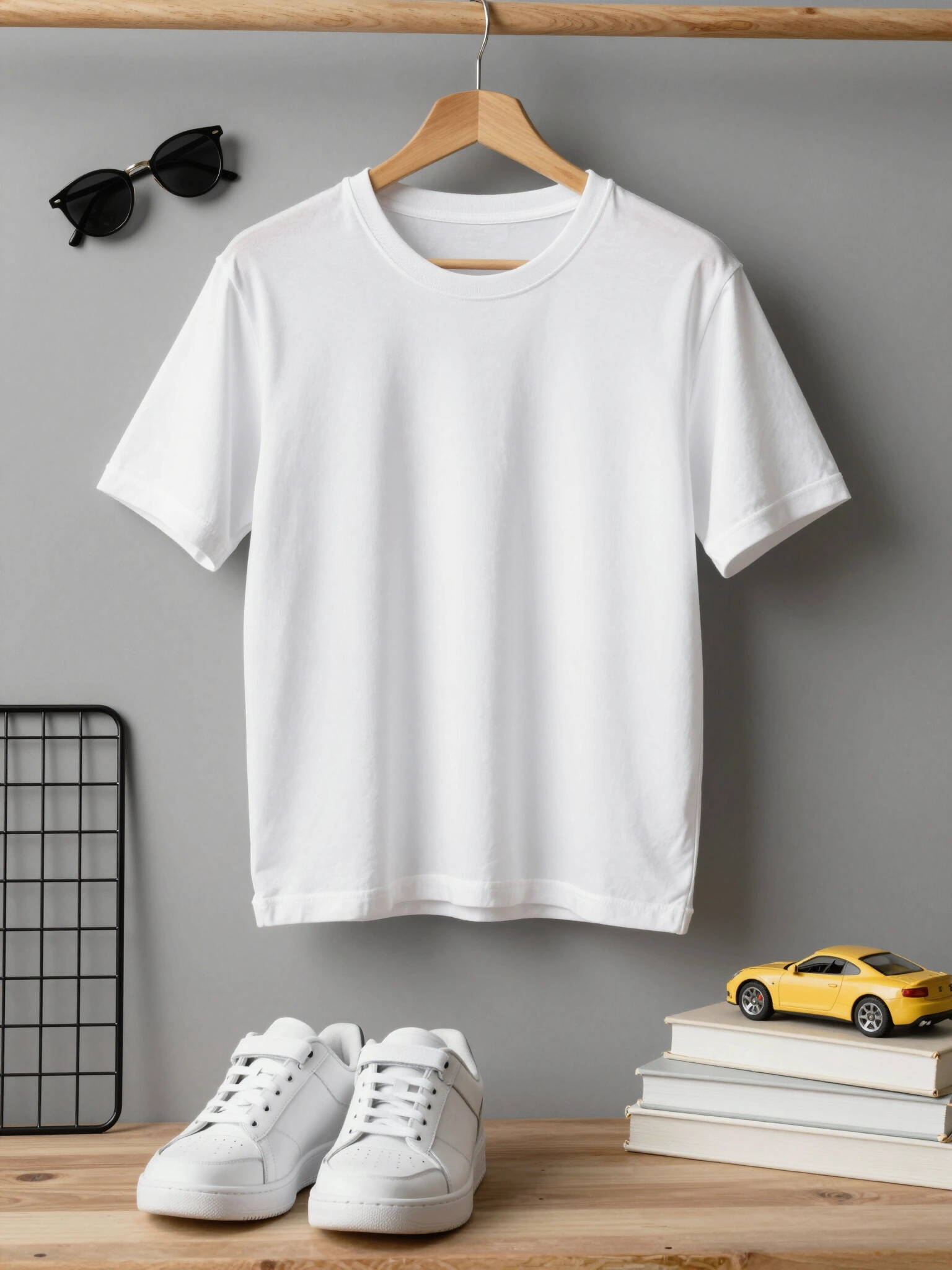 White T-shirt on hanger with sneakers, sunglasses, and toy cars on books