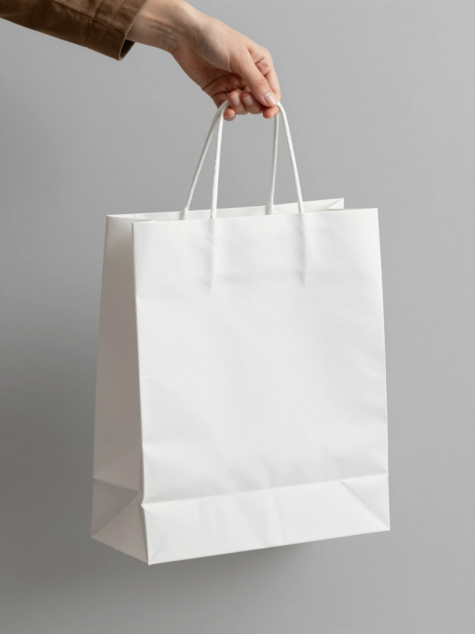 A hand holding a white paper shopping bag against a gray background