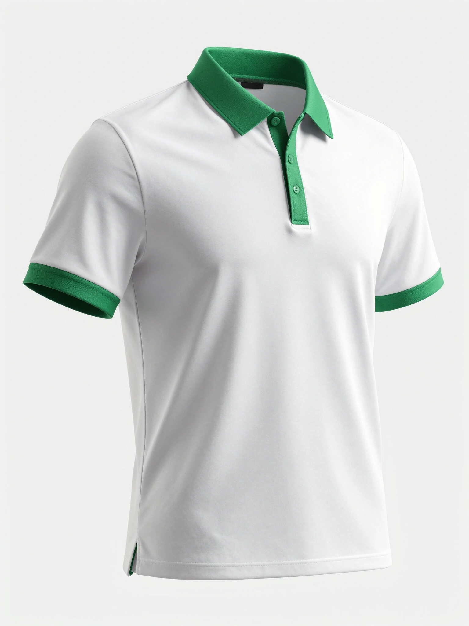 White polo shirt with green trim on collar and cuffs, displayed from front and back on a white background.