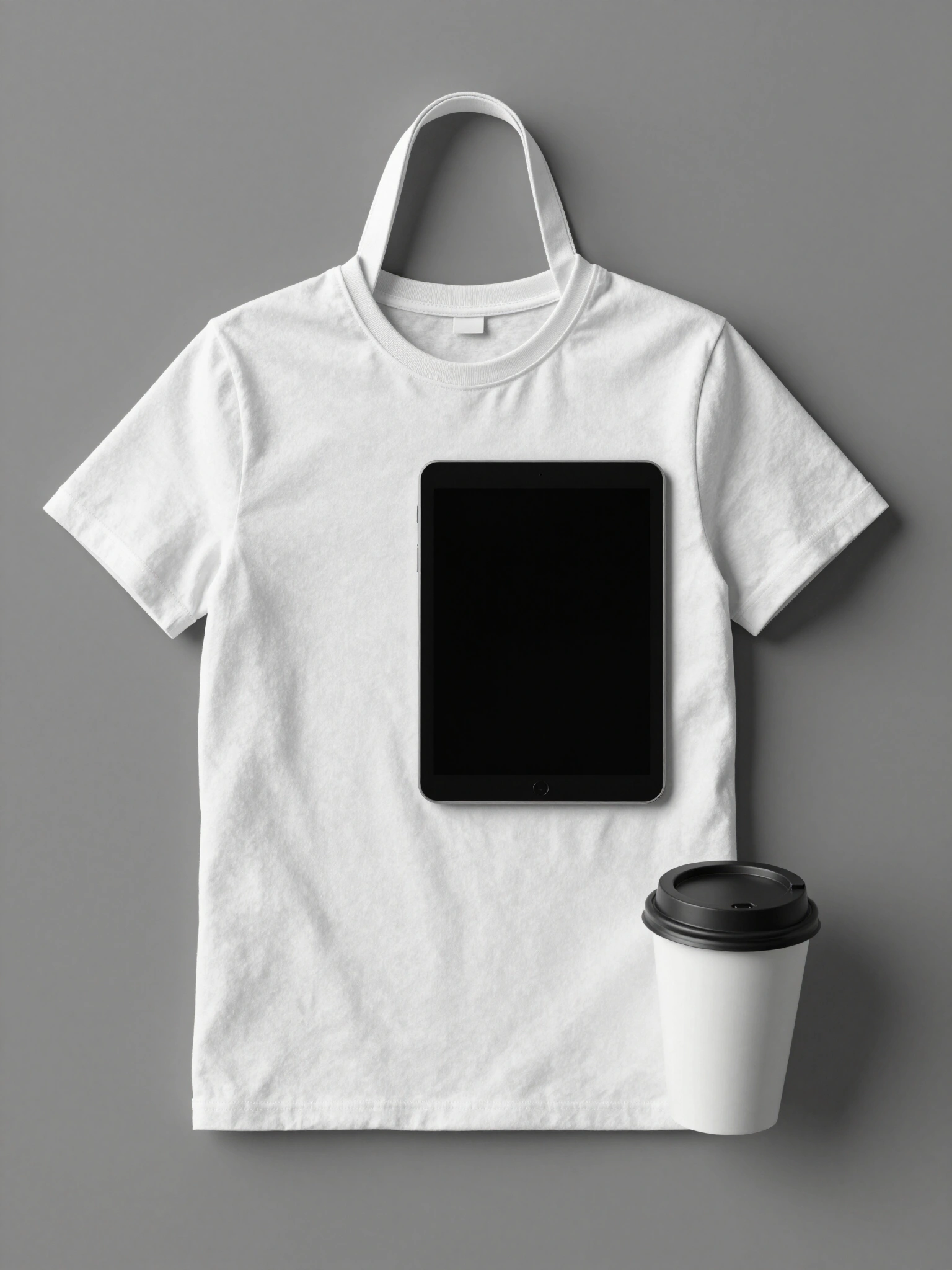 Mockup image of white t-shirt and accessories on gray background